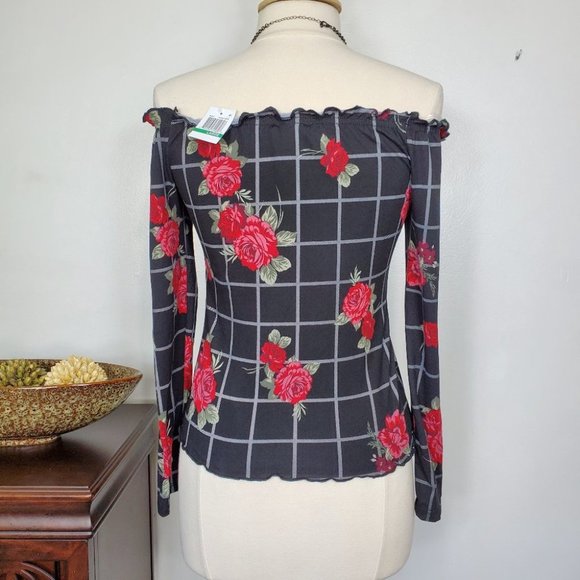 Ultra Flirt Black Gray Red Green Floral Grid Soft Off/On Shoulder Top L (Jun) - Picture 8 of 11